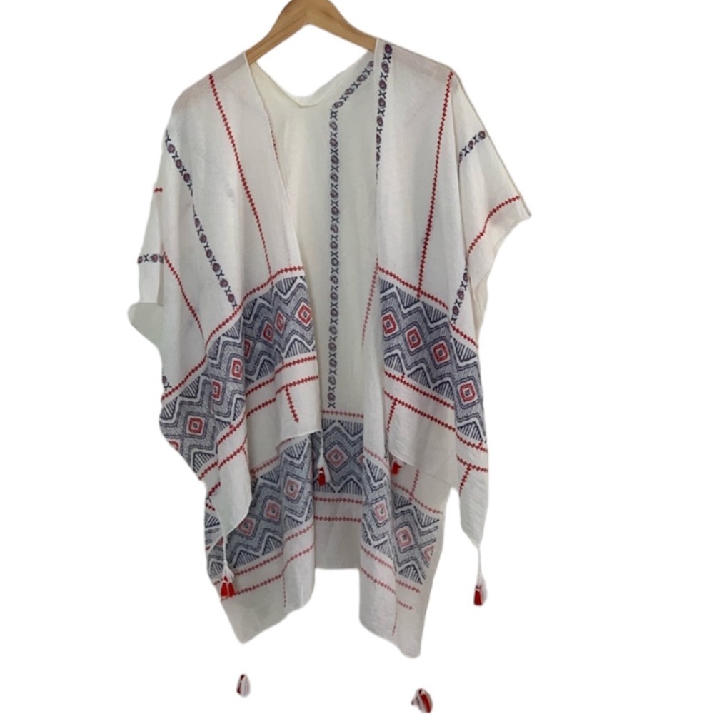 Aztec trim tassel modern boho lightweight cover up kaftan poncho
